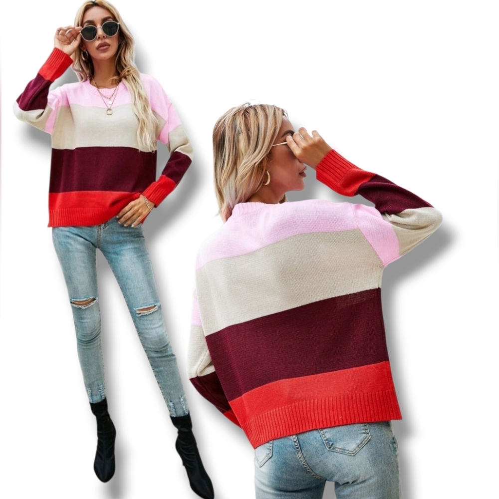 SHEIN Women's Multicolor Striped Pattern Oversized Knit Sweater